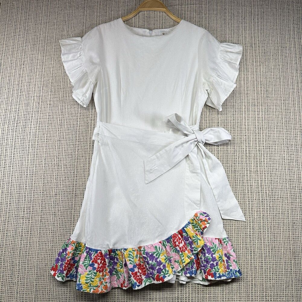 J.Marie White Embroidered Ruffle Wrap Dress Women’s Small Boho
